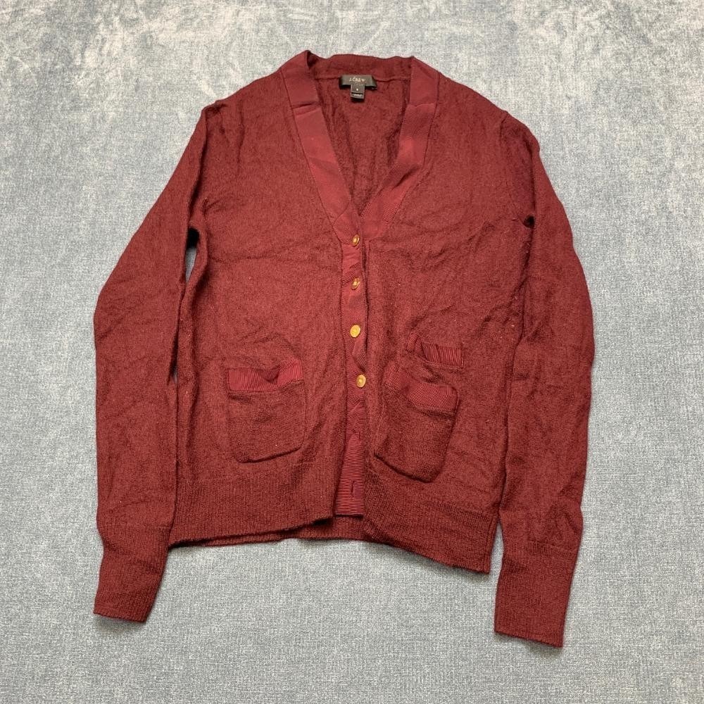 J.Crew Cardigan Sweater Women Small Maroon Merino Wool Fleece Lined Button Front